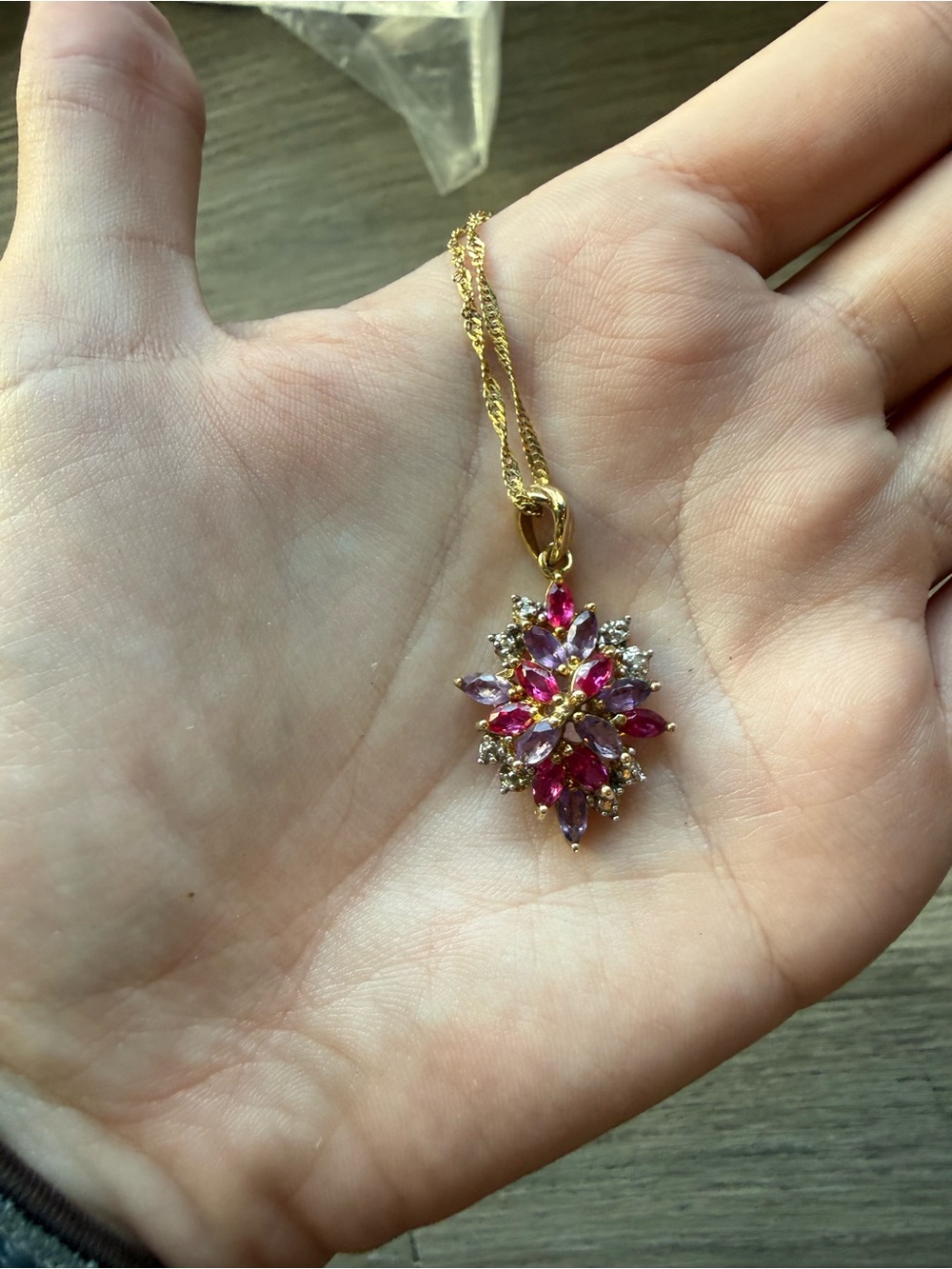 Gold Plated Sterling Silver Chain Necklace with Pink and Purple Gemstone Pendant